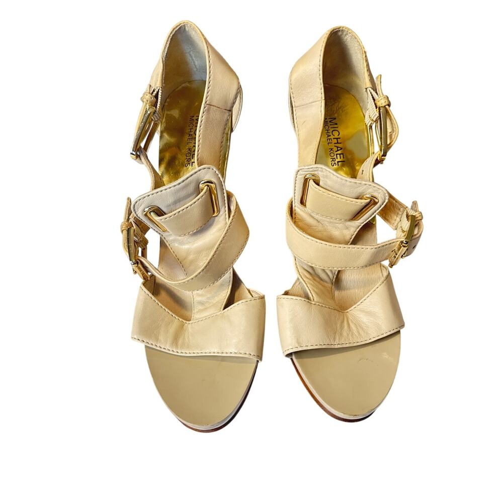 Michael Kors Nude Strappy Platform Heels Women’s Size 8 and 3” Buckle Sandals